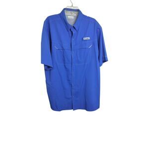 M785) Columbia PFG XL Men Omnishade Blue Short Sleeve Collared Pockets Button Up